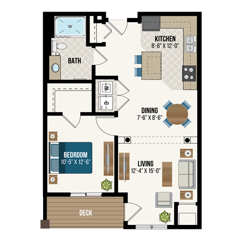 Floor plan for 1 bed, 1 bath, 830 sqft